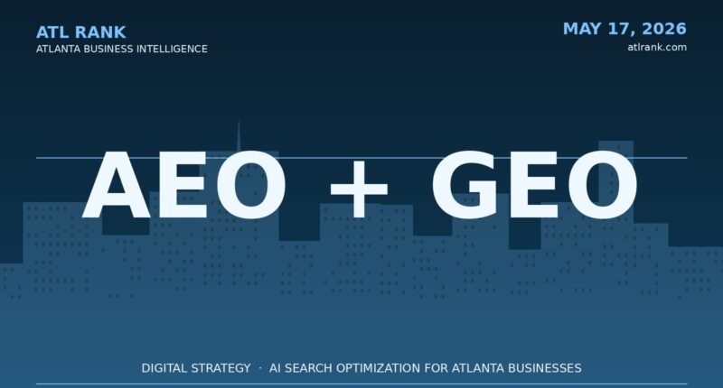 Editorial cover for AI Search Optimization guide covering AEO and GEO for Atlanta businesses in 2026